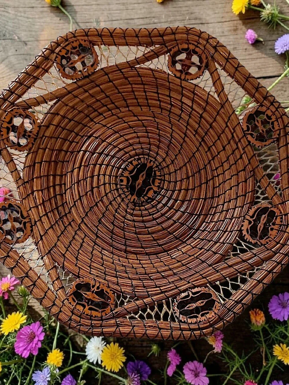 Vintage Long Pine Needle Basket Walnut Slice Inserts Coiled Folk Art Hand Woven